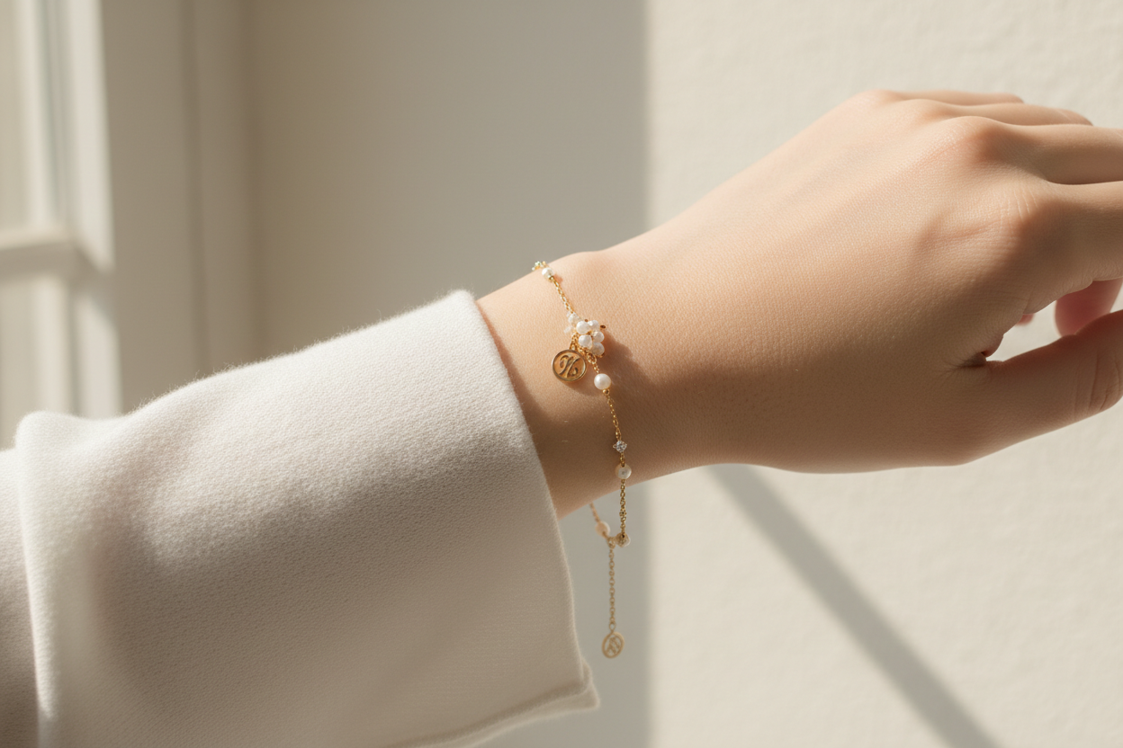 Bracelet porté au poignet, fond clair, manche blanche / beige, lumière naturelle.
Objectif : montrer le rendu “discret” et la finesse.